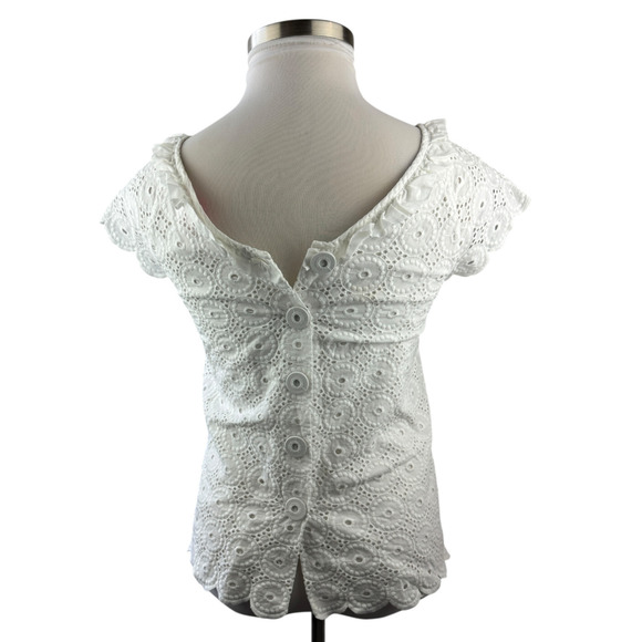Lilly Pulitzer Crochet Eyelet Blouse Cap Short Sleeve Ruffle Button Back Size 8 - Picture 7 of 15